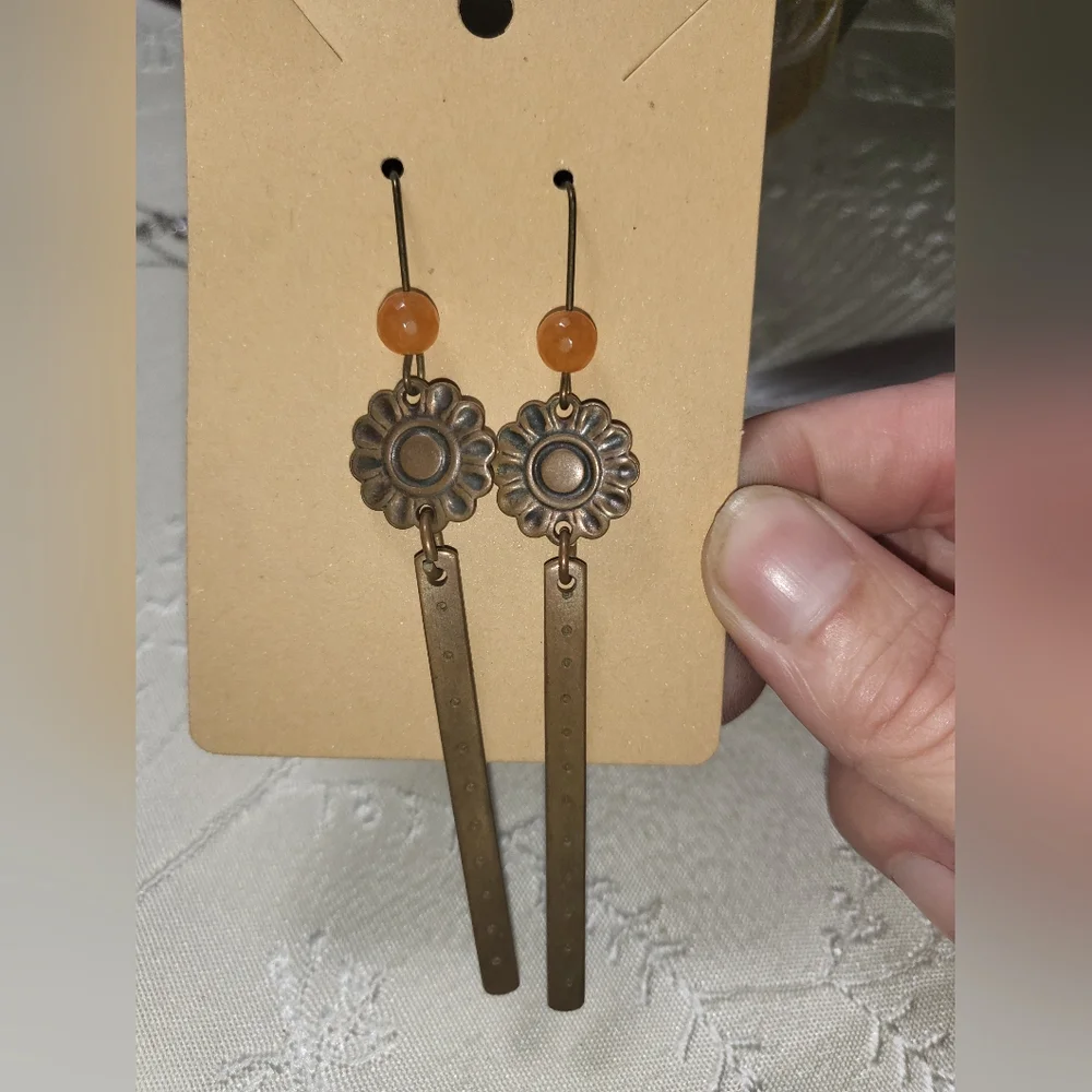 Bronze Copper‎ Earrings with Orange Beads